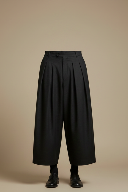 Pantalon Japonais Noir Plissé Ample Court Élégant - Polyester - vue 3