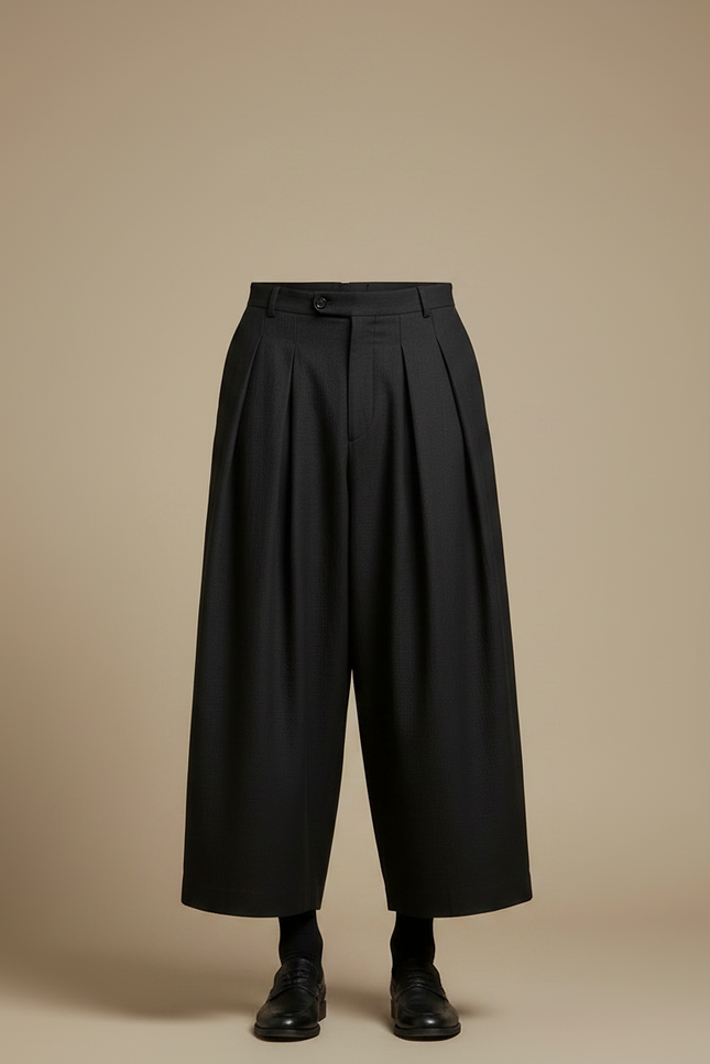 Pantalon Japonais Noir Plissé Ample Court Élégant - Polyester - vue 3