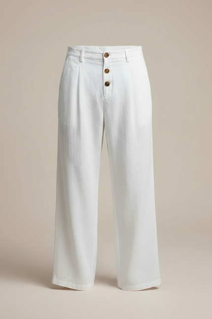 Pantalon Japonais Blanc Lin Ample Décontracté Boutons - vue 3