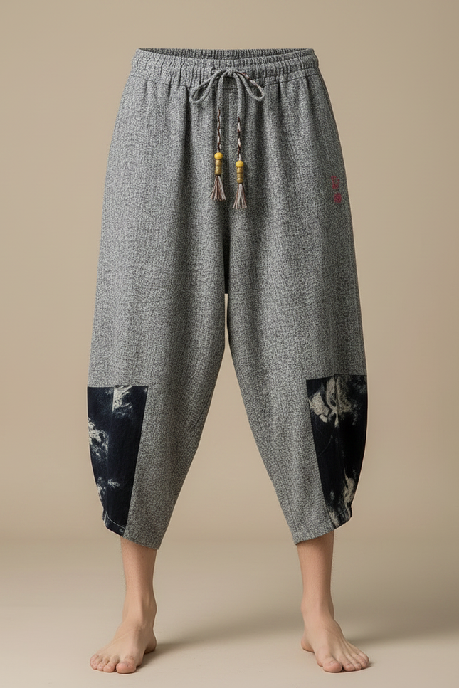 Pantalon Japonais Gris Ample Patchwork Décontracté Coton - vue 3