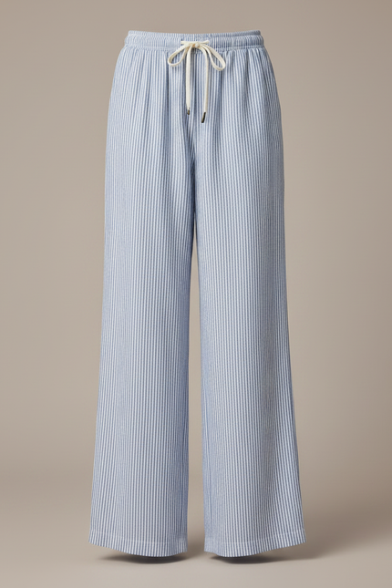 Pantalon Japonais Rayé Ample Fluide Décontracté Femme - Bleu Lin - vue 3