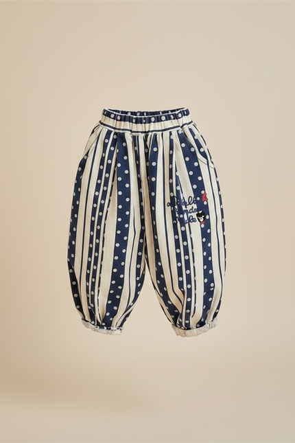 Pantalon Japonais Harem Rayures Pois Brodé Enfant - Marine Coton - vue 3