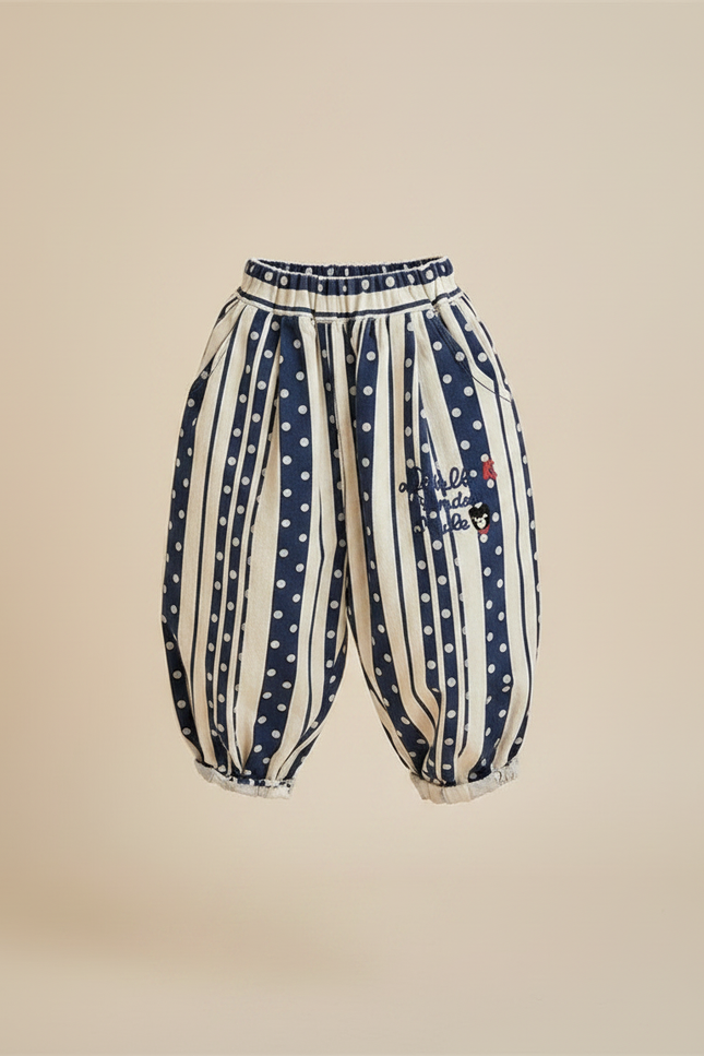 Pantalon Japonais Harem Rayures Pois Brodé Enfant - Marine Coton - vue 3