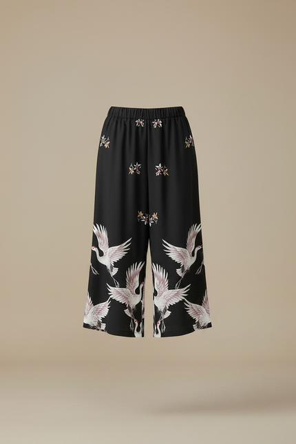 Pantalon Japonais Noir Fluide Ample Imprimé Grue - Viscose - vue 3