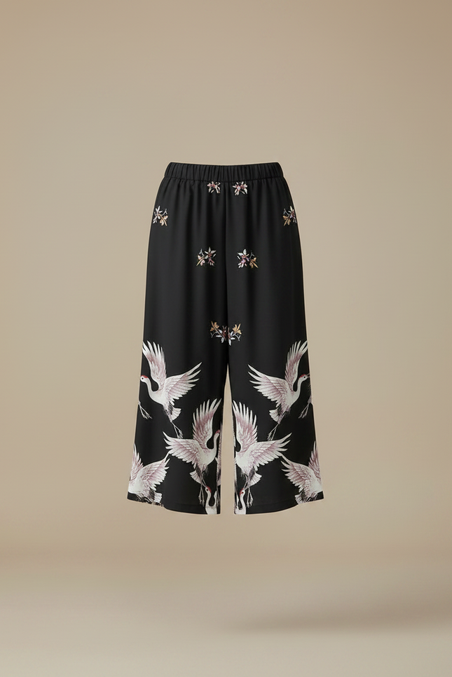 Pantalon Japonais Noir Fluide Ample Imprimé Grue - Viscose - vue 3