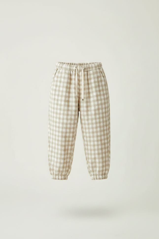 Pantalon Japonais Carreaux Beige Ample Élastique Cordon - Laine - vue 3
