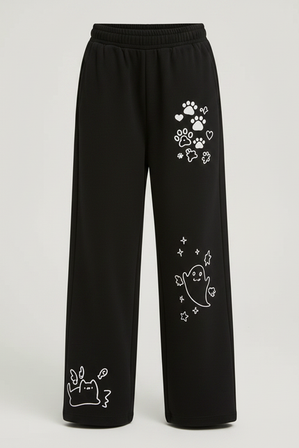 Pantalon Japonais Noir Ample Molleton Imprimé Fantômes Fille - vue 3