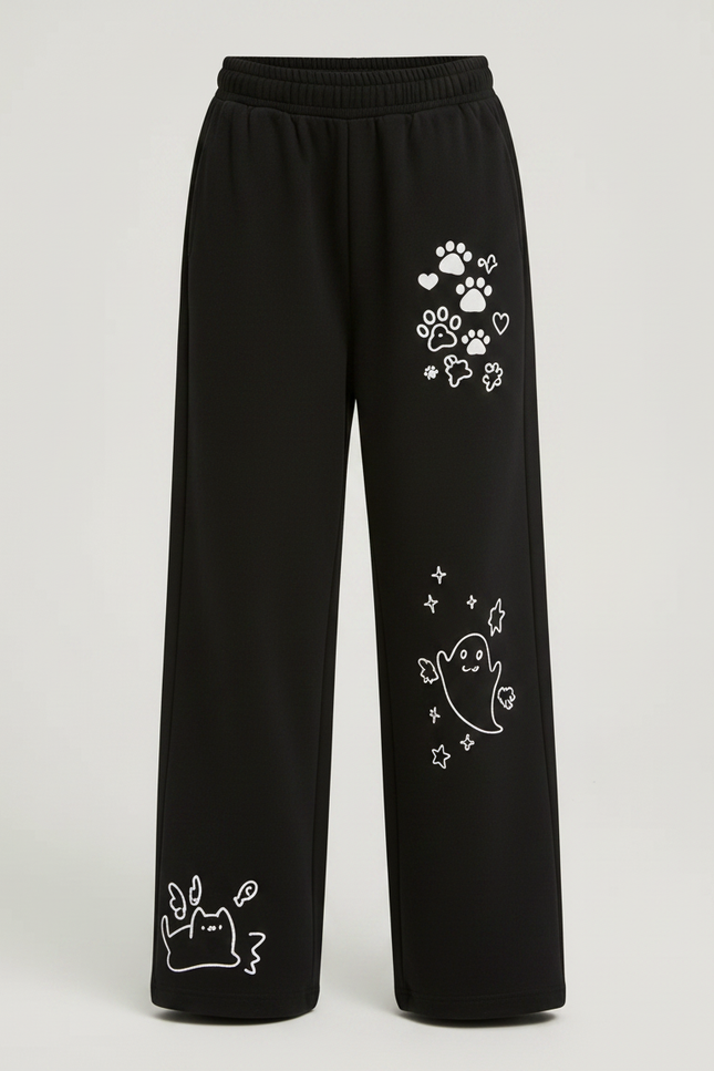 Pantalon Japonais Noir Ample Molleton Imprimé Fantômes Fille - vue 3