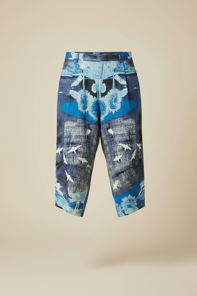 Pantalon Japonais Imprimé Bleu Ample Sarouel Décontracté - Viscose - vue 3