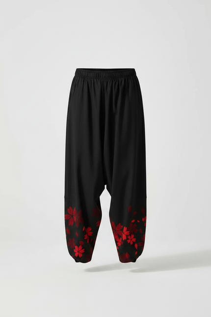 Pantalon Japonais Noir Fleuri Ample Fluide Rouge - Viscose - vue 3
