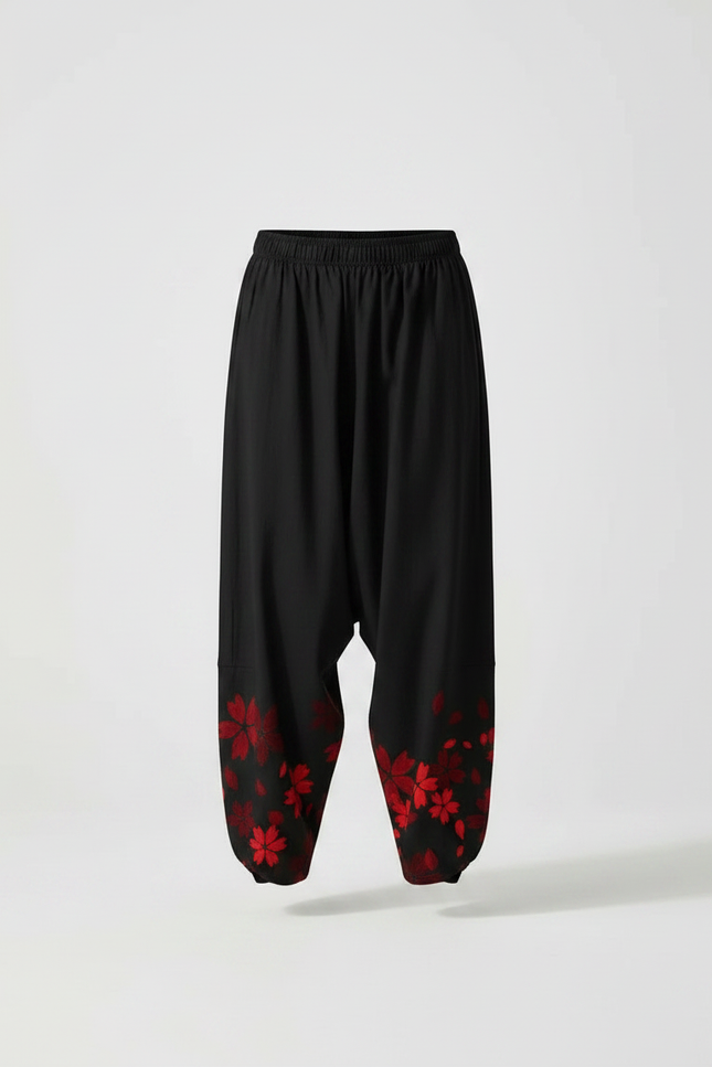 Pantalon Japonais Noir Fleuri Ample Fluide Rouge - Viscose - vue 3