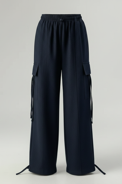 Pantalon Japonais Large Bleu Marine Fluide Cargo - Laine - vue 3