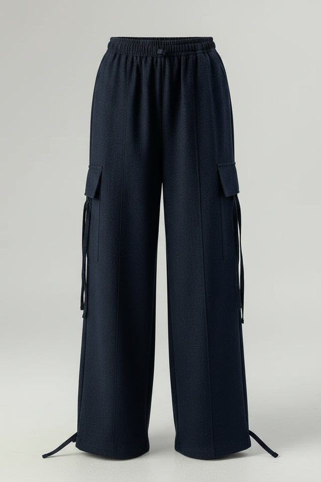 Pantalon Japonais Large Bleu Marine Fluide Cargo - Laine - vue 3