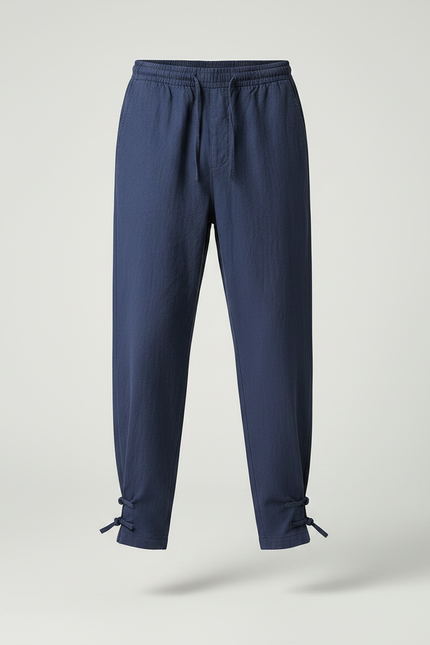 Pantalon Japonais Bleu Marine Lin Ample Liens Cheville - vue 3