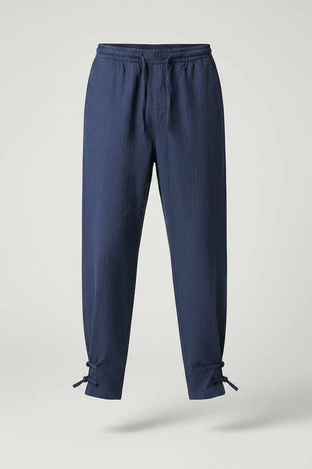 Pantalon Japonais Bleu Marine Lin Ample Liens Cheville - vue 3
