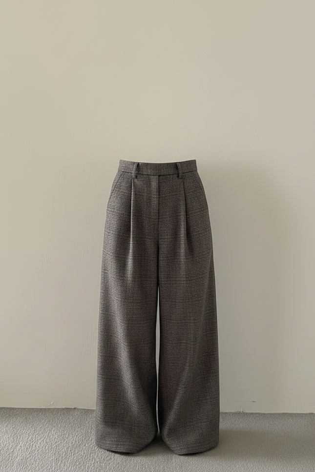Pantalon Japonais Gris Ample Plissé Décontracté Carreaux - Tweed - vue 3