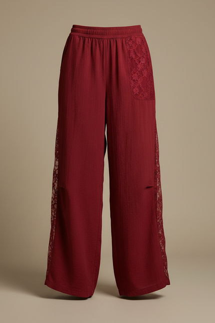 Pantalon Japonais Rouge Ample Dentelle Lin Fluide - Bordeaux - vue 3