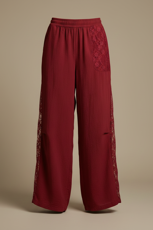 Pantalon Japonais Rouge Ample Dentelle Lin Fluide - Bordeaux - vue 3