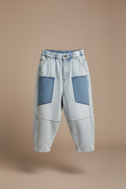 Pantalon Japonais Denim Ample Décontracté Patchwork Enfant - Bleu Jean - vue 3