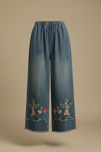 Pantalon Japonais Denim Ample Brodé Femme - Bleu Jean - vue 3