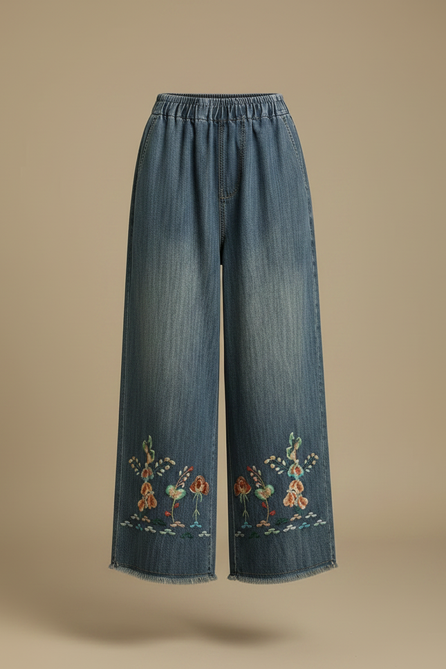 Pantalon Japonais Denim Ample Brodé Femme - Bleu Jean - vue 3
