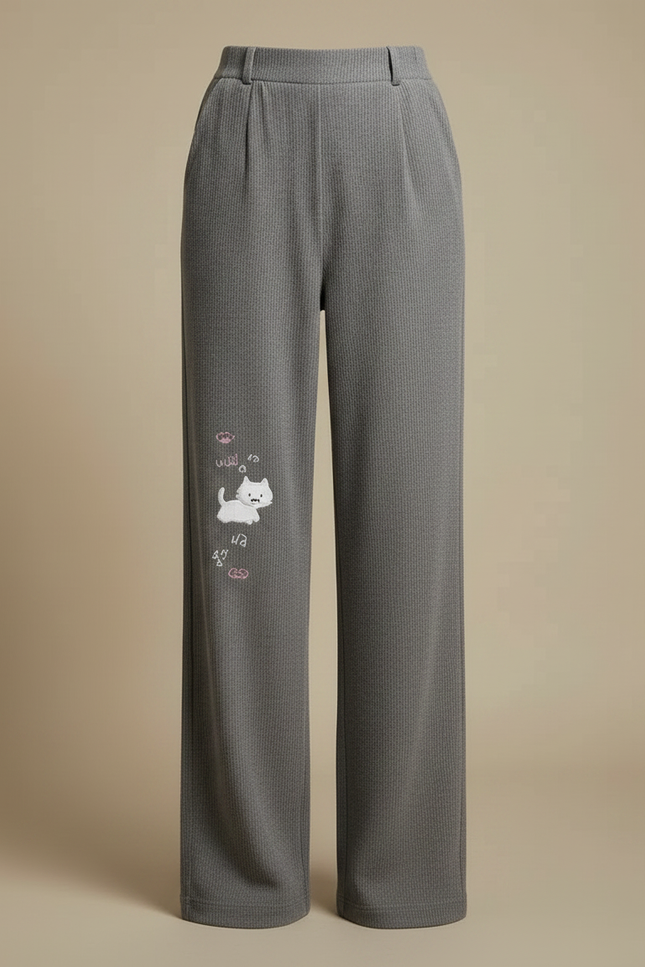 Pantalon Japonais Gris Ample Broderie Chat Décontracté - Maille - vue 3