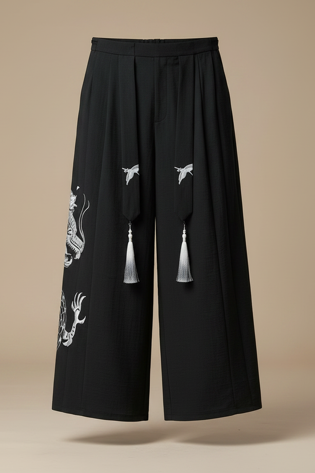 Pantalon Japonais Noir Ample Dragon Tassels Fluide - Polyester - vue 3