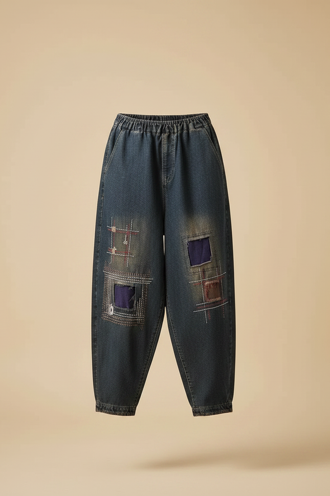 Pantalon Japonais Denim Harem Patchwork Brodé Ample - Bleu Jean - vue 3