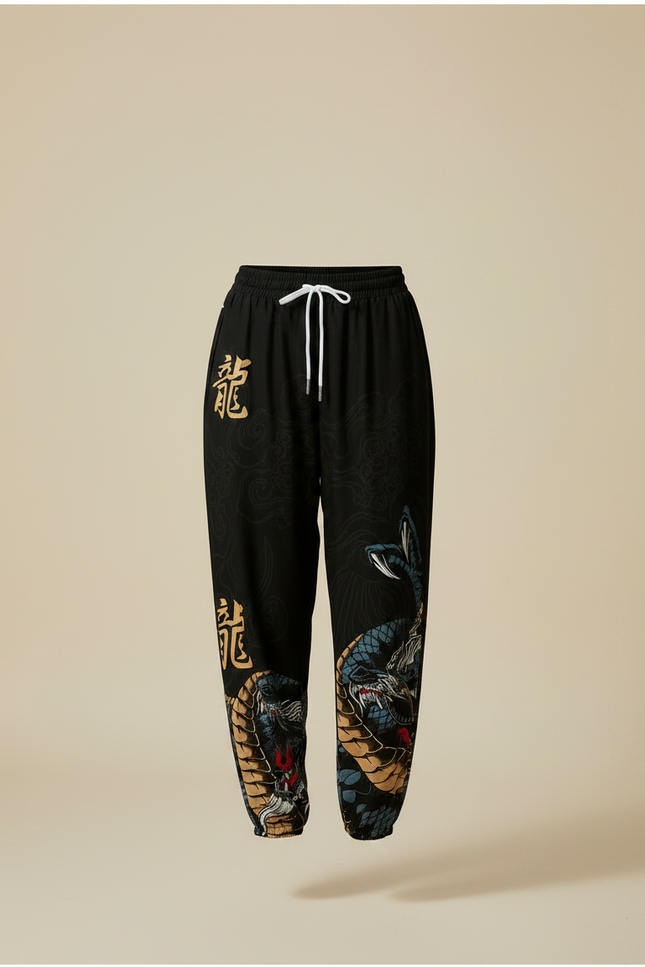 Pantalon Japonais Noir Imprimé Dragon Ample Streetwear - Polyester - vue 3