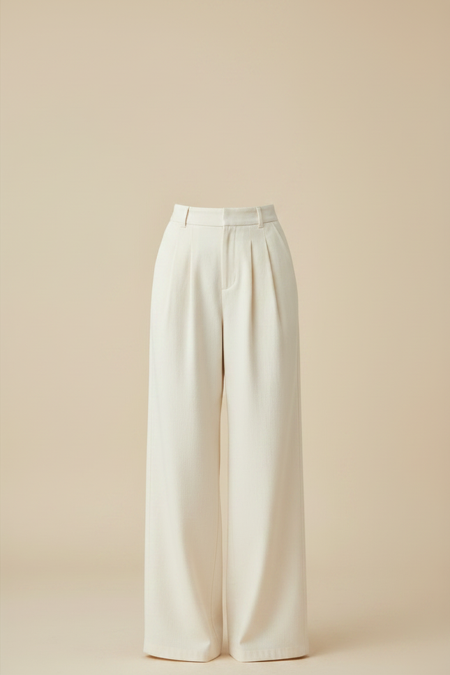 Pantalon Japonais Crème Ample Plissé Élégant Droit - Beige Laine - vue 3