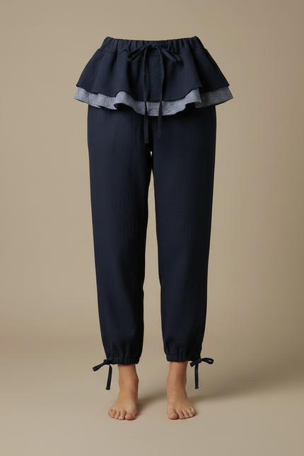 Pantalon Japonais Marine Ample Volants Cordon Chevilles - Lin - vue 3