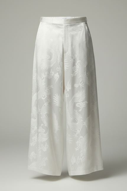 Pantalon Japonais Blanc Jacquard Dragon Ample Homme Élégant - Soie - vue 3