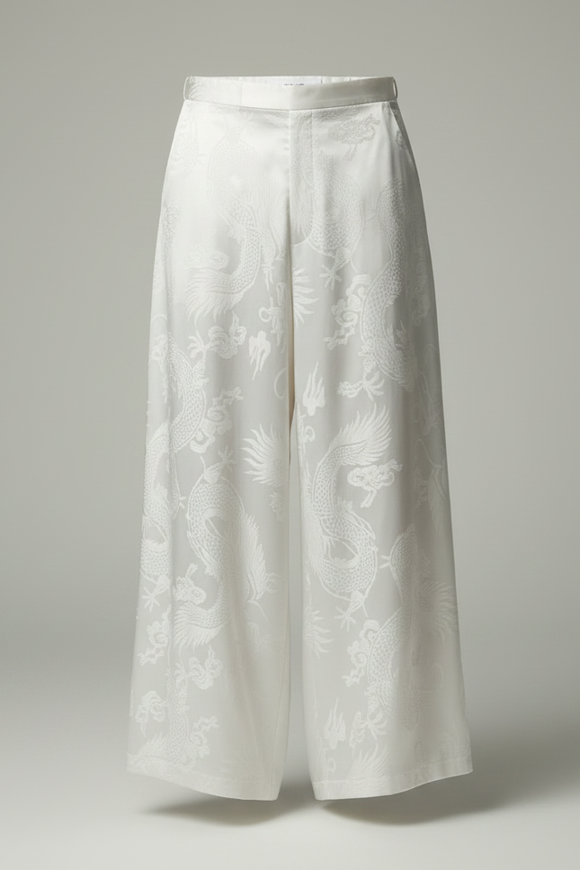 Pantalon Japonais Blanc Jacquard Dragon Ample Homme Élégant - Soie - vue 3