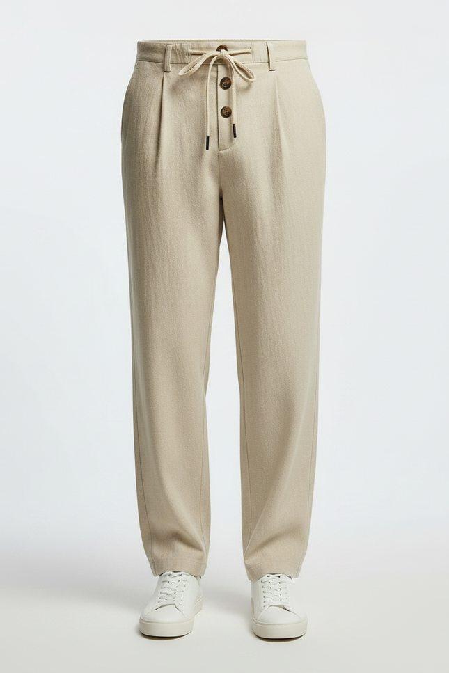 Pantalon Japonais Lin Beige Ample Décontracté Boutons - vue 3