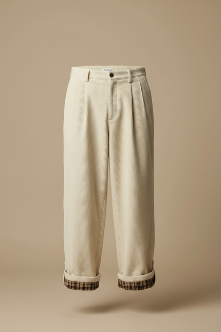 Pantalon Japonais Côtelé Crème Ample Plissé Plaid - Beige Cordé - vue 3