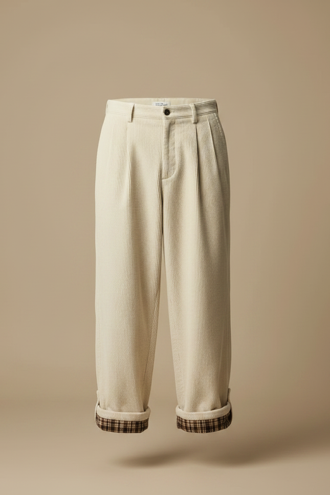 Pantalon Japonais Côtelé Crème Ample Plissé Plaid - Beige Cordé - vue 3