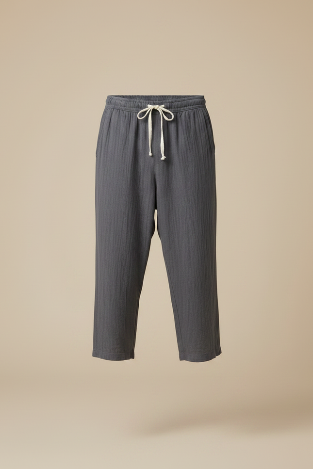 Pantalon Japonais Gris Coton Ample Court Cordon - vue 3