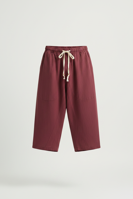 Pantalon Japonais Rouge Ample Coton Lin Court - Bordeaux - vue 3