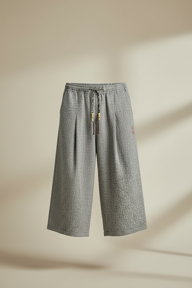 Pantalon Japonais Gris Ample Lin Décontracté Cordon - vue 3