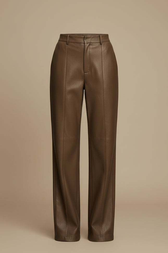 Pantalon Japonais Marron Cuir Ample Droit Élégant Femme - vue 3