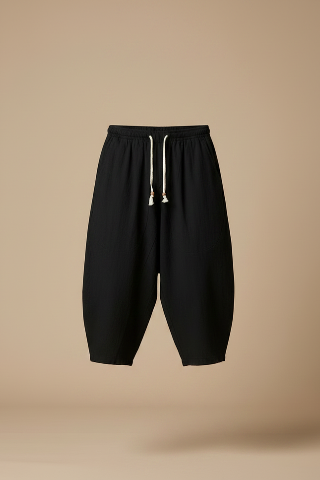 Pantalon Japonais Noir Coton Ample Court Cordon - Lin - vue 3