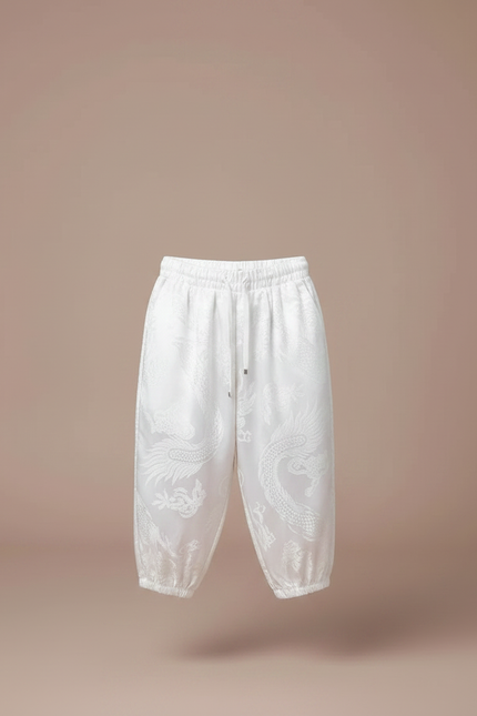 Pantalon Japonais Blanc Brodé Dragon Ample Enfant - Satin - vue 3
