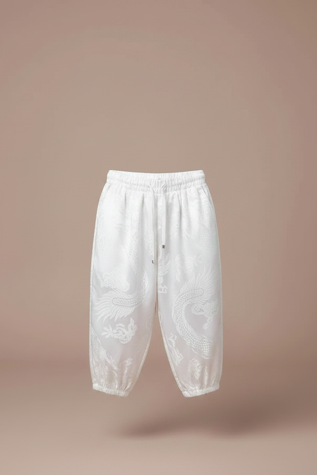 Pantalon Japonais Blanc Brodé Dragon Ample Enfant - Satin - vue 3
