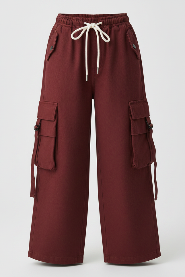 Pantalon Japonais Cargo Ample Rouge Fille - Bordeaux Toile - vue 3