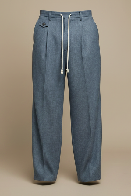 Pantalon Japonais Bleu Plissé Ample Décontracté Cordon - Laine - vue 3