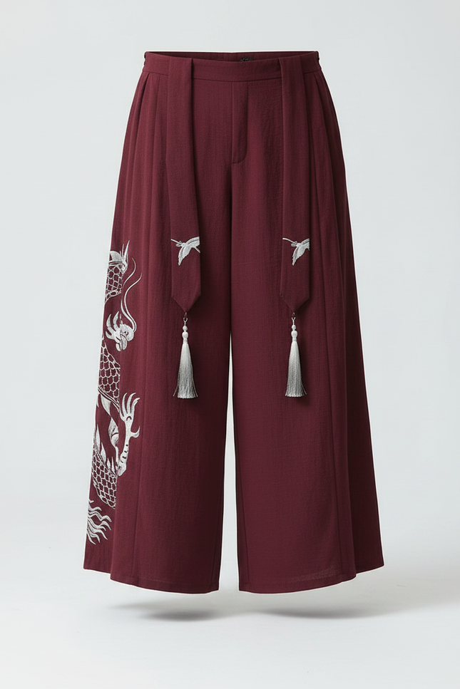 Pantalon Japonais Bordeaux Ample Dragon Tassels Fluide - Lin - vue 3