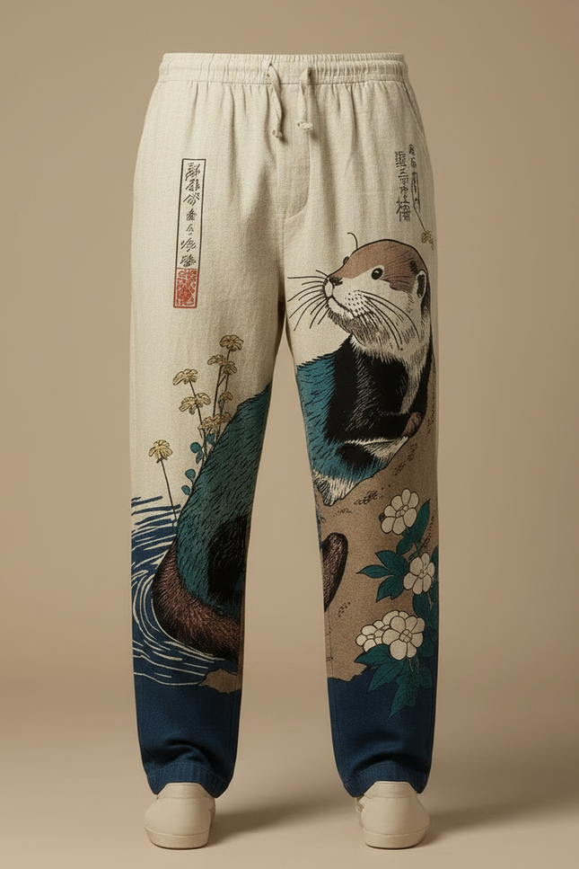 Pantalon Japonais Lin Ample Imprimé Loutre Homme - Beige - vue 3