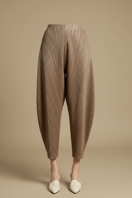Pantalon Japonais Plissé Ample Marron Texturé Élégant Femme - Camel Polyester - vue 3