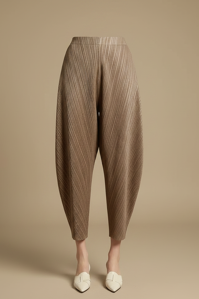 Pantalon Japonais Plissé Ample Marron Texturé Élégant Femme - Camel Polyester - vue 3