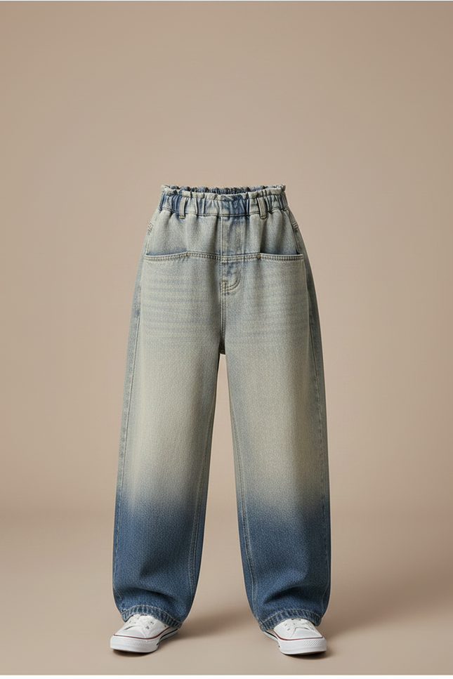 Pantalon Japonais Large Dégradé Denim Enfant Décontracté - Bleu Jean - vue 3